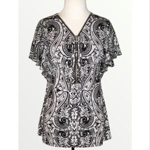 COCO BIANCO Black & White Paisley Zip Front Flutter Sleeve Top S